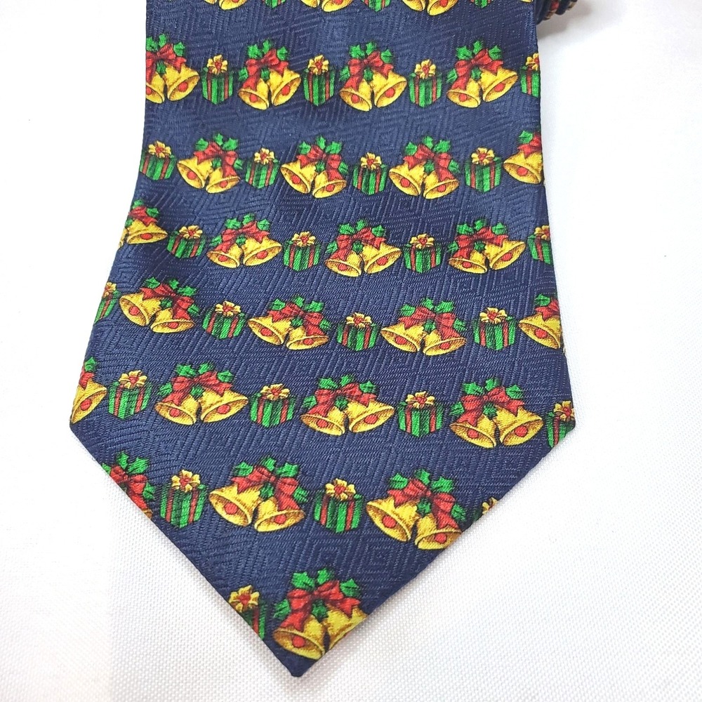Men's Christmas Necktie Gift & Bell Festive Holiday Patterned Tie Polyester VTG